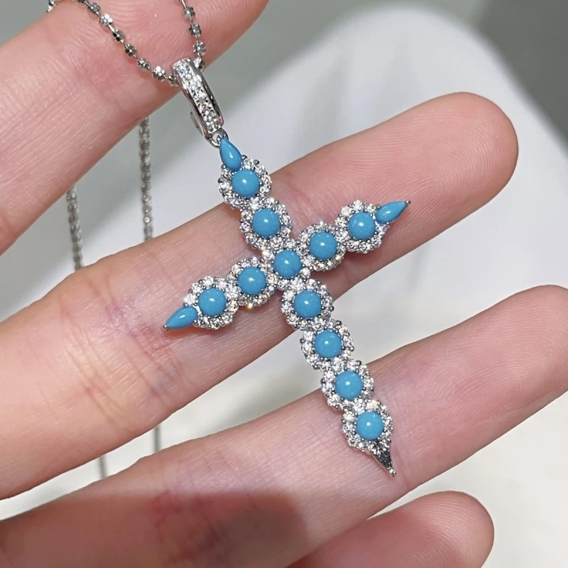 

BELLUX S925 Silver Plated Synthetic Turquoise Cross Personality Necklace Fashion Design Jewelry Necklace
