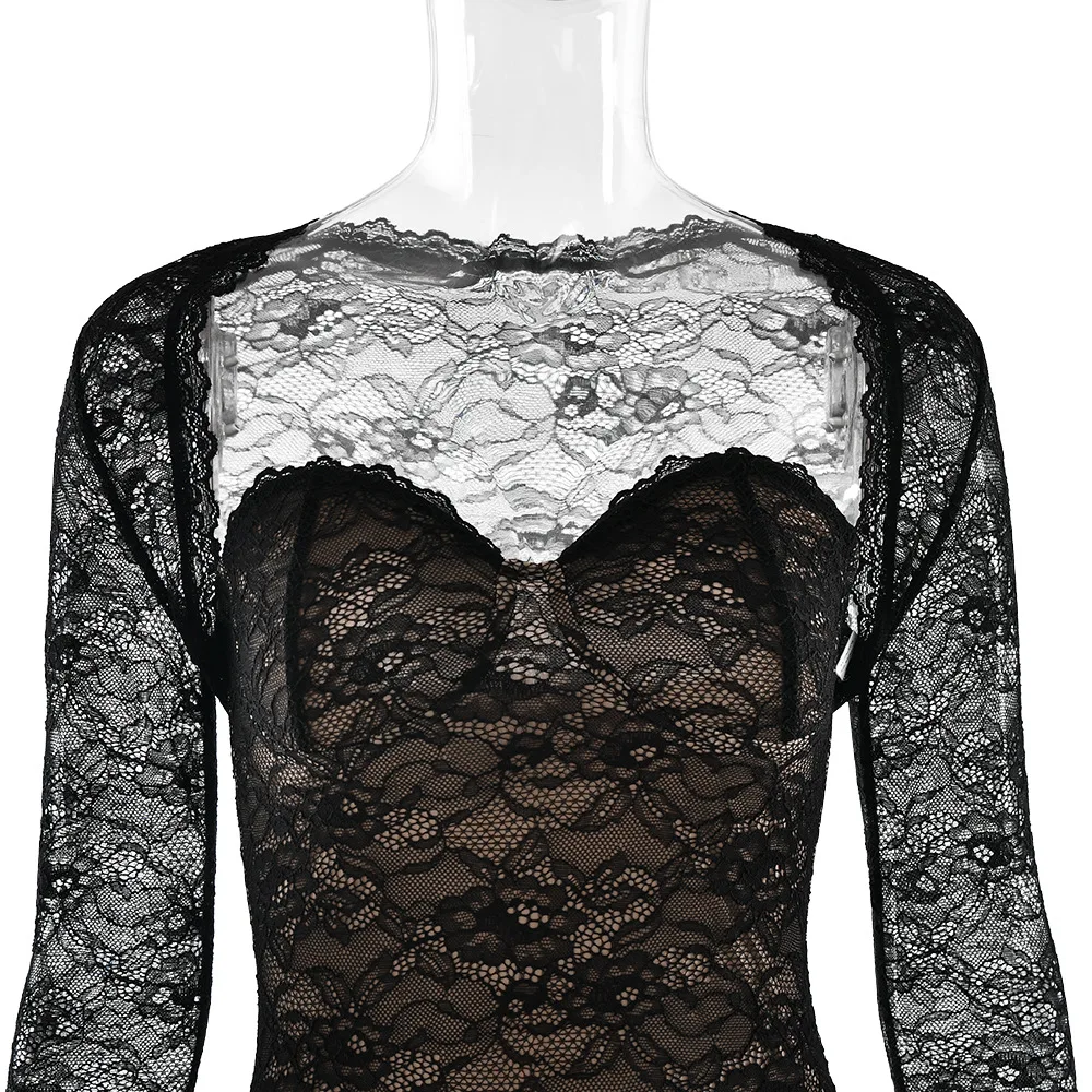 Women's Black Lace Strapless Mermaid Dress With Long Sleeve Shrug Elegant Slit Evening Party Dresses Autumn Red Female Clothing