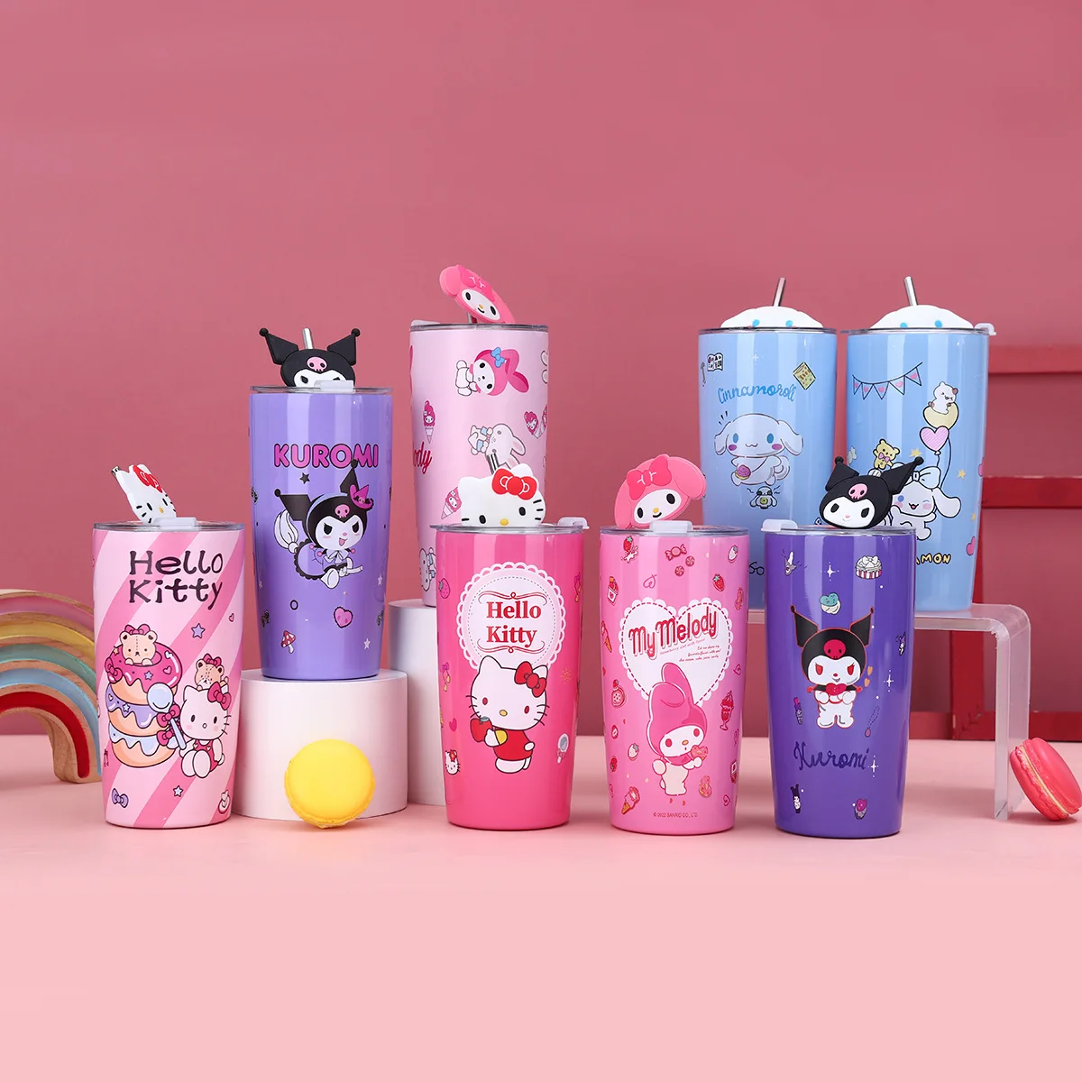 

600ML Sanrio Straw Cup Cartoon Hello Kitty My Melody Kuromi Cinnamoroll Stainless Steel Insulated Cup Portable Coffee Cup Gifts