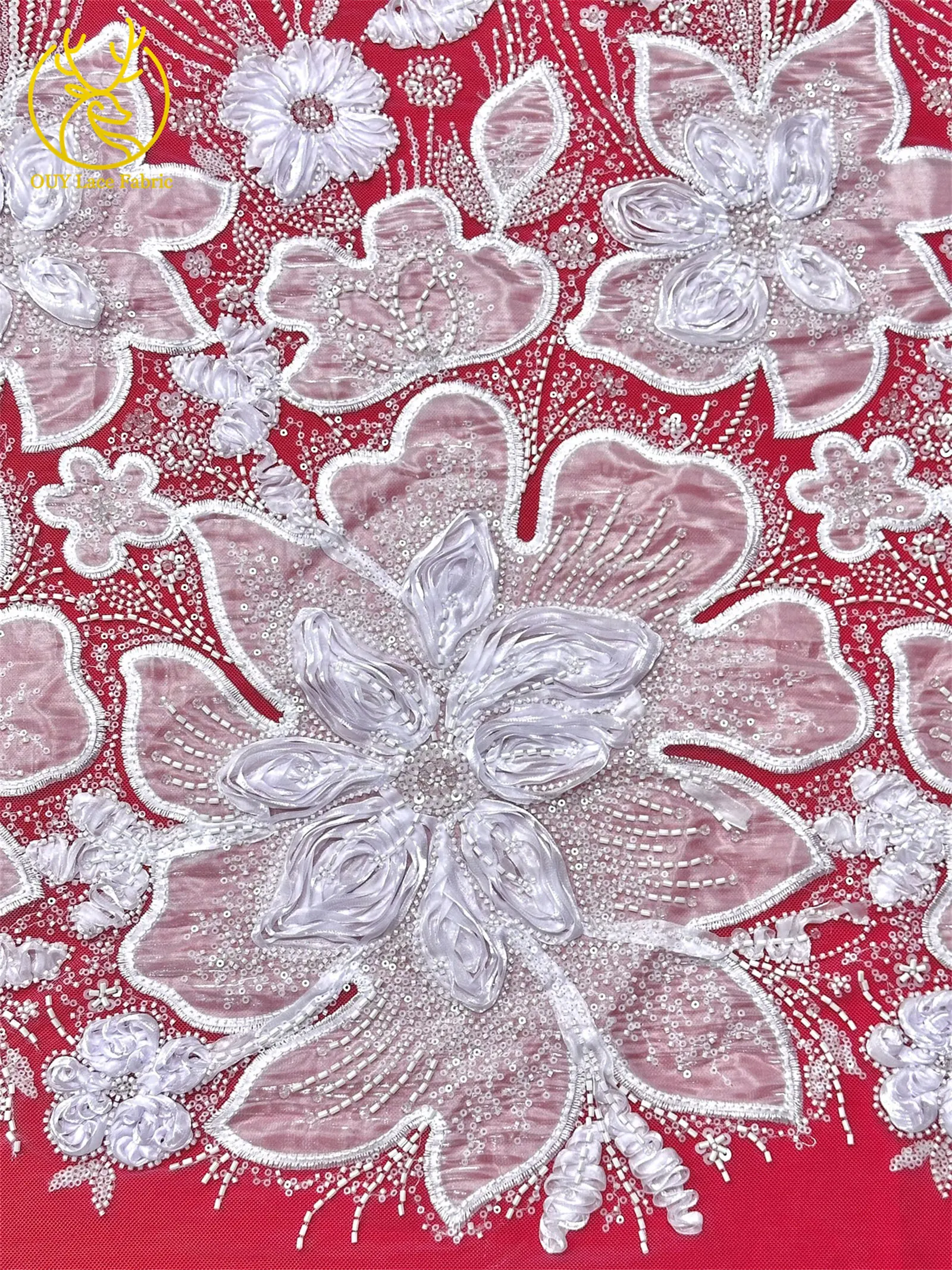 3D-Blumen-Tüll, afrikanischer Spitzenstoff, eleganter französischer nigerianischer Perlen-Pailletten-Mesh-Spitzenstoff für Damen, Hochzeitskleid-Design-Stoff – Detail 13