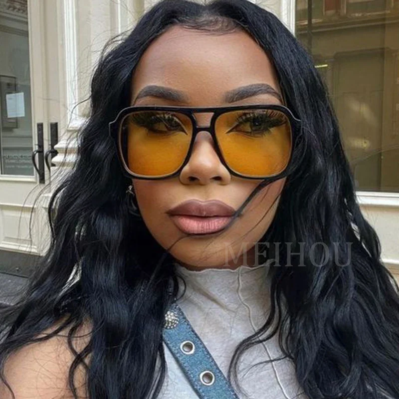 Vintage Double Bridge Yellow Sunglasses Women Oversized Square Frame Luxury Shades Sun Glasses Female Pilot Eyewear