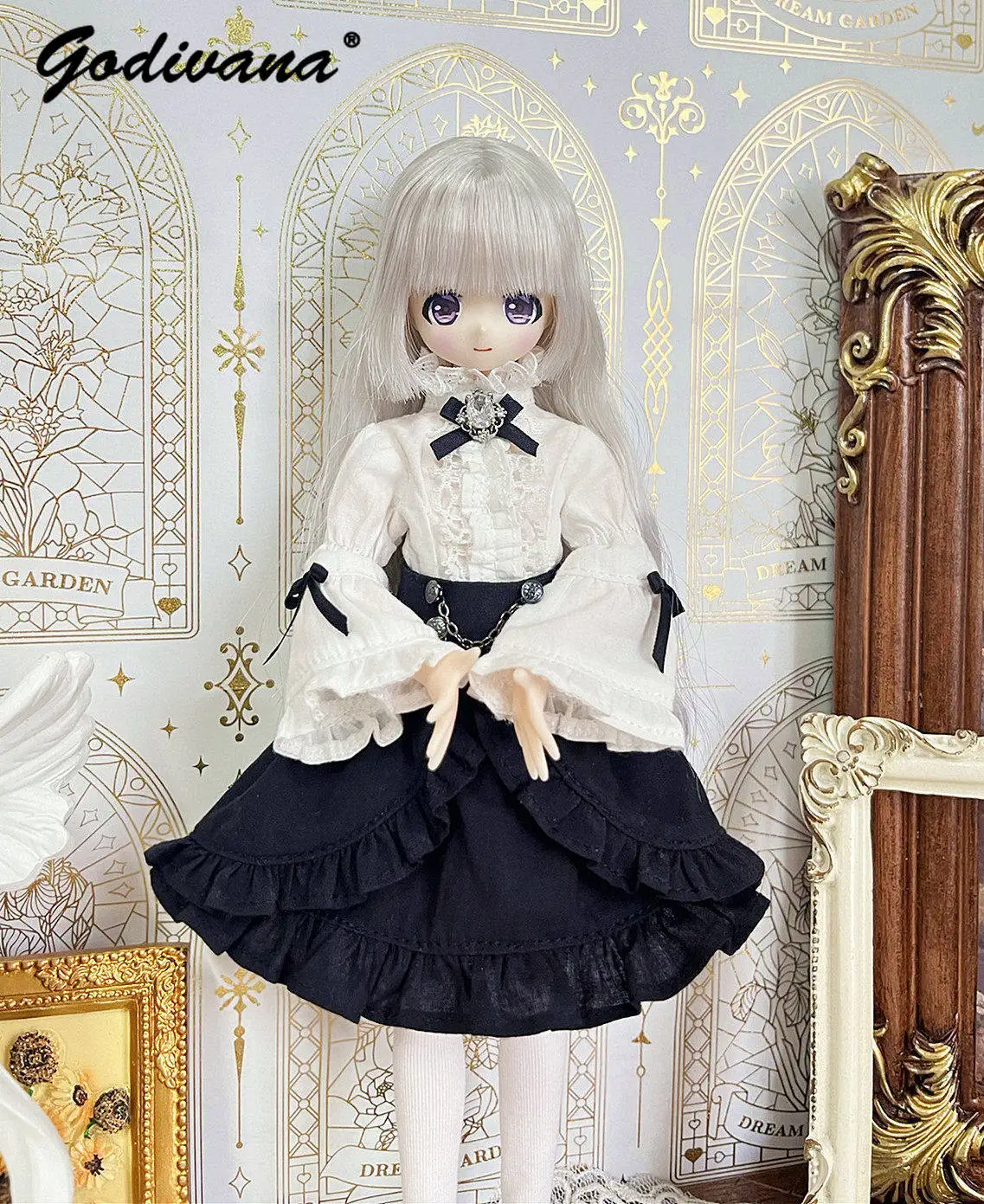 Ob24 Azone Blythe Special 1/6 Vintage Gothic Doll Suit Lace Ruffle Flare Sleeve Blouse and Skirt Classic Lolita Clothes for BJD