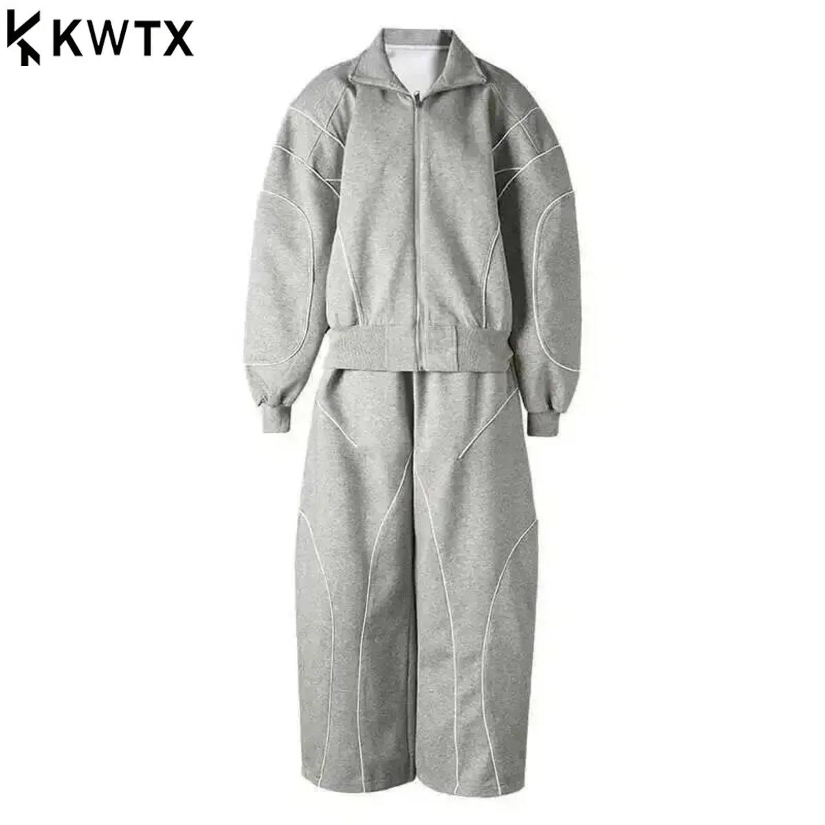 

KWTX 2025 Серая куртка, широкие брюки, комплект из двух предметов, молния, новый женский модный комплект с лацканами и длинными рукавами, весна-осень, высокое качество
