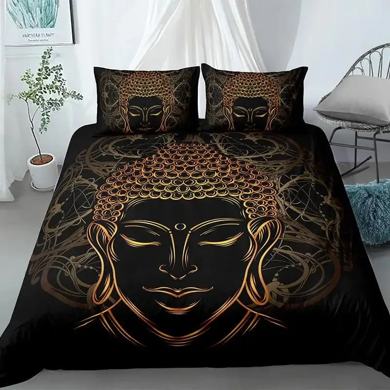 Buddha Duvet Cover Set King Size Exotic Ethnic Bohemian Bedding Set Microfiber Golden Buddha Statue Print Gorgeous Quilt Cover