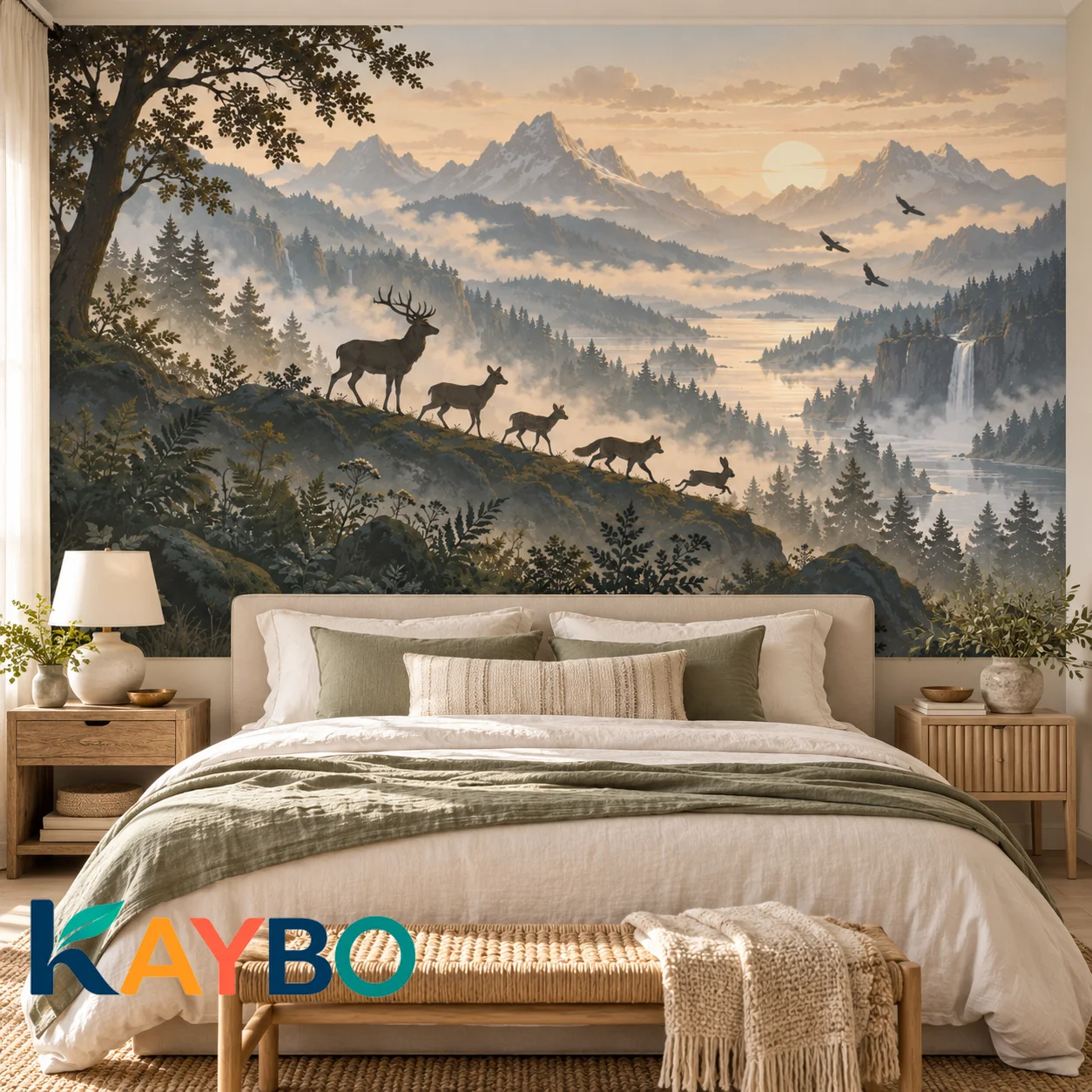 Forest Wall Mural Deer Mountain Landscape Wallpaper Non Self Adhesive Misty Pine Waterfall Living Room Bedroom Nature Wall Decor