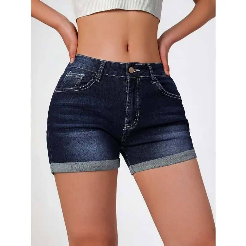 Women's Summer Denim Shorts American Deep Blue Elastic Slim Fit Fashionable Versatile Casual Retro Denim Shorts