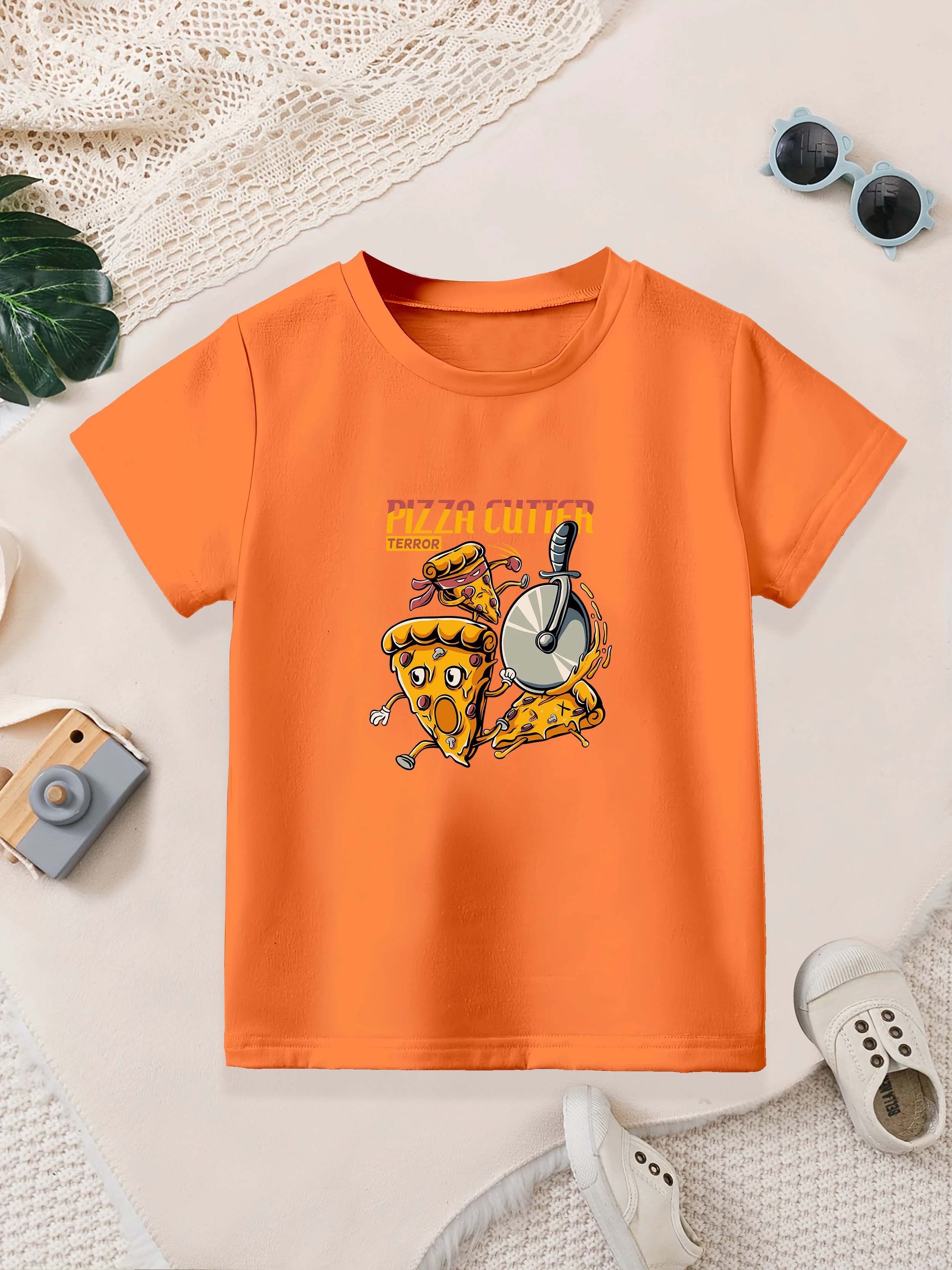 

1 шт.: Повседневные летние футболки для мальчиков с мультяшным принтом «Пицца»