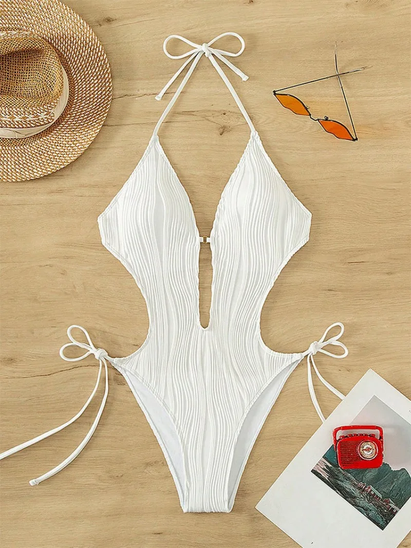 sexy wave hollow halter swimsuit one piece bikinis 2024 women tie thong swimsuit female bathing suit swimwear biquini