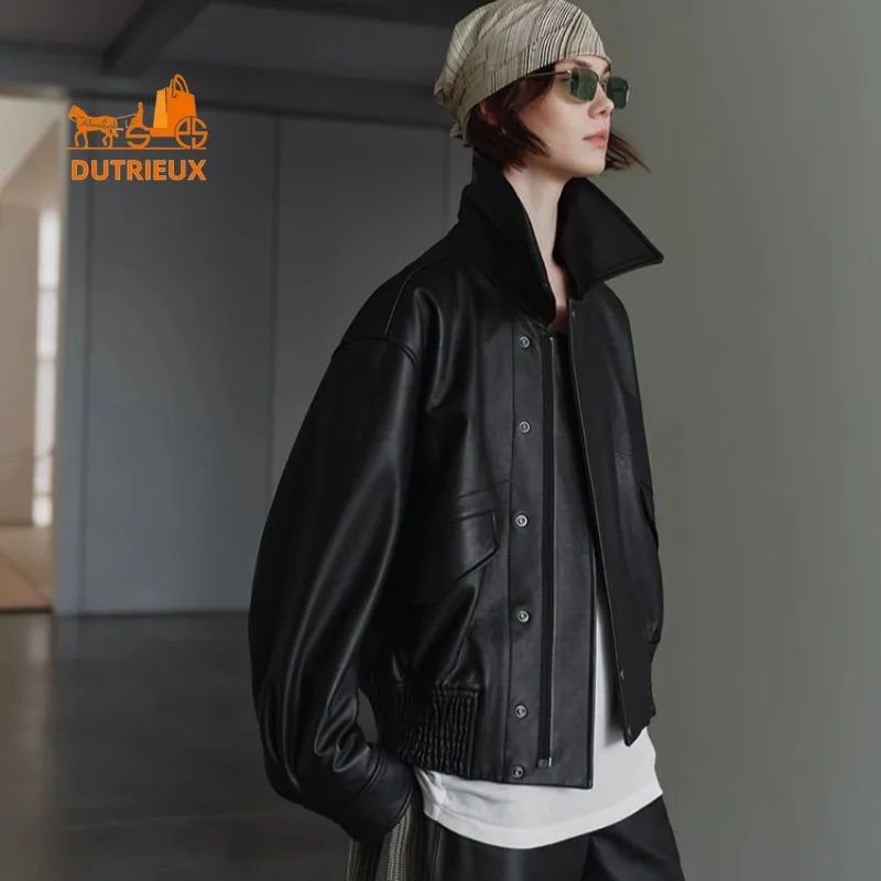 Winter Women's Short Lapel Waist Silhouette Flight Leather Jacket, 100% Real Sheepskin Retro Luxury Fashion Genuine Leather Coat