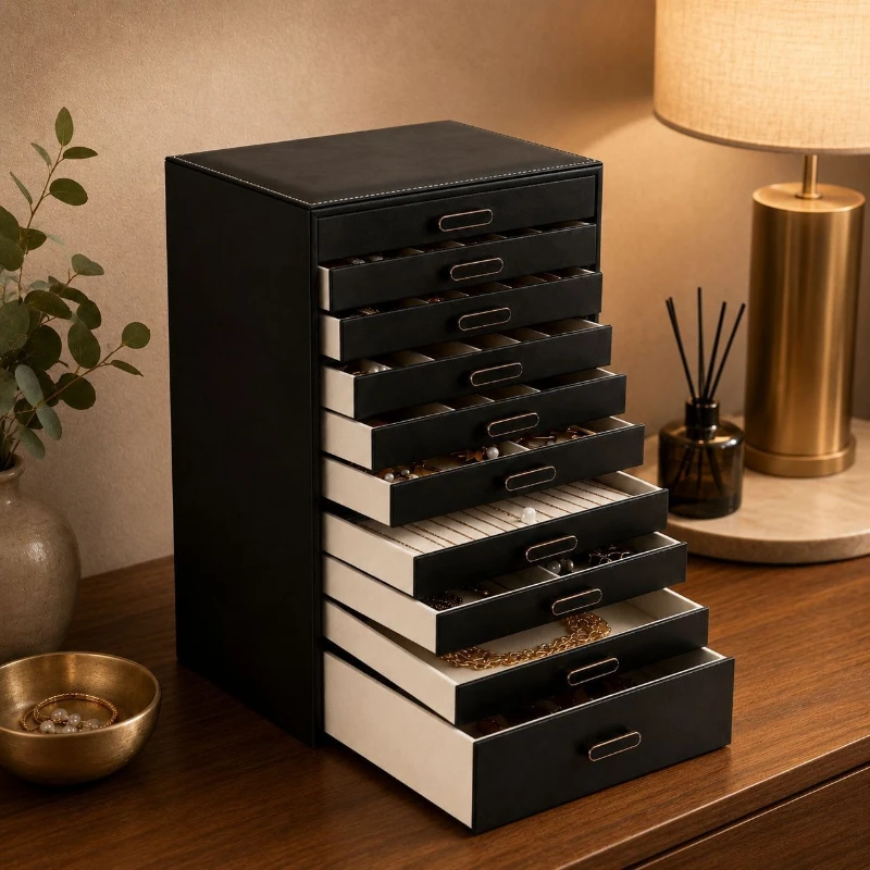 10 Layer Jewelry Storage Box Large Capacity Jewelry Organizer Case Desktop Ring Earrings Boxes Leather Necklace Bracelet Cases