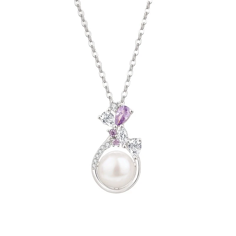 

S999 Sterling Silver Gentle Premium Pearl Pendant Shining Zircon Wisteria Flower Necklace Women's Birthday Jewelry Gift Set