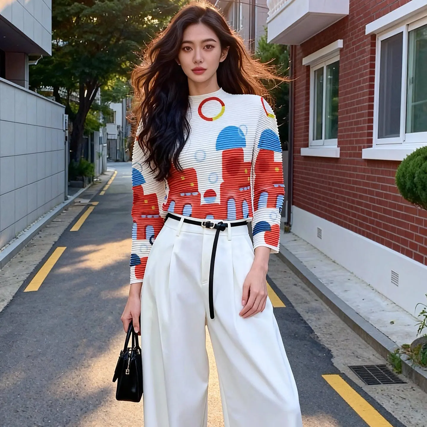 미야케 폴드 2026 신상 봄가을 패션 프린팅 긴팔 티셔츠 여성용 만화 패턴 슬림 이너 셔츠 탑