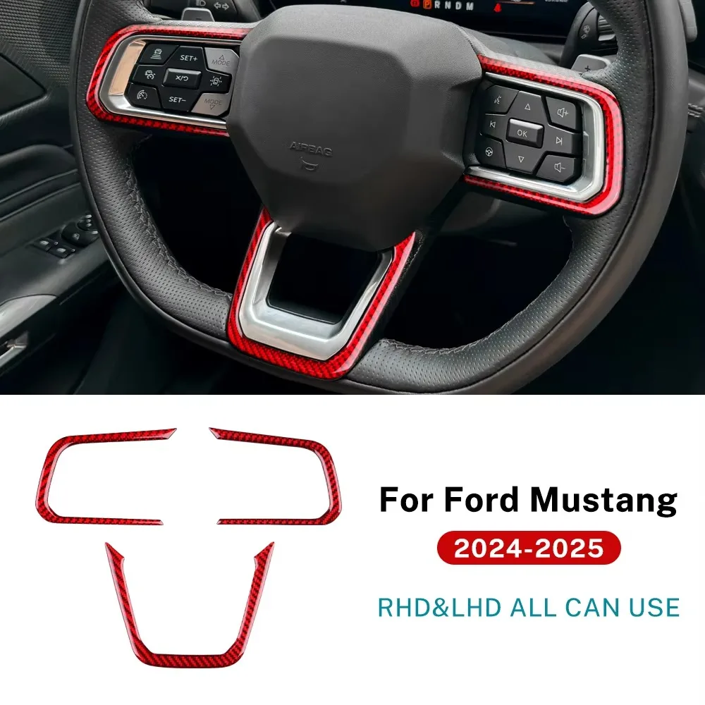 For Ford Mustang GT 2024 2025 2026 2027 Real Soft Carbon Fiber Sticker Car Steering Wheel Button Frame Interior Trim Accessories