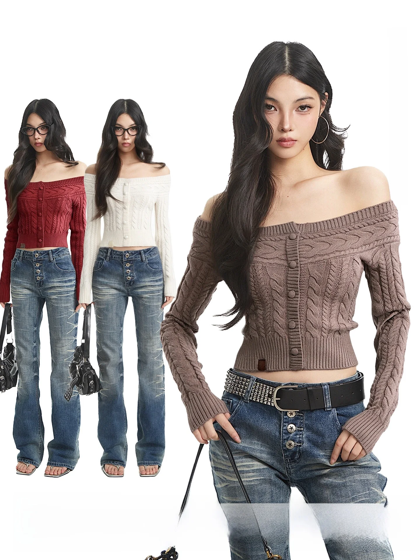 

UNCMHISEX Korean Sle Knitted Sweater Women's oulder Braid Slim Fit ort Button up Top Warm Daily Wear Long Sve