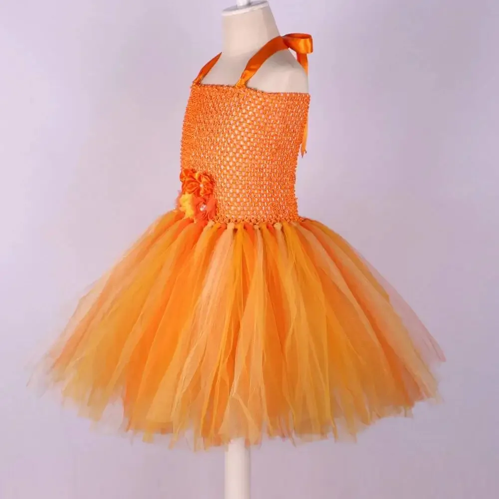 فساتين فتاة الزهور الذهبية البرتقالية للأطفال خريف الخريف أزياء الهالوين الأميرة اصطف تنورات قصيرة الأطفال ملابس حفلات أعياد الميلاد