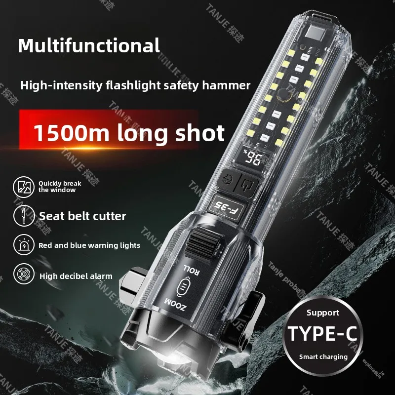 New Roller Zoom Hammer LED Flashlight With Cutter Outdoor High Brightness Portable Rechargeable Power Output Speaker Torch