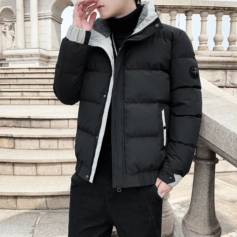 

Winter New Men's Loose Fit Thiened Cotton Jaet Stand Collar Youth Faion Hong Kong Sle Casual Long Sve Zipper Coat