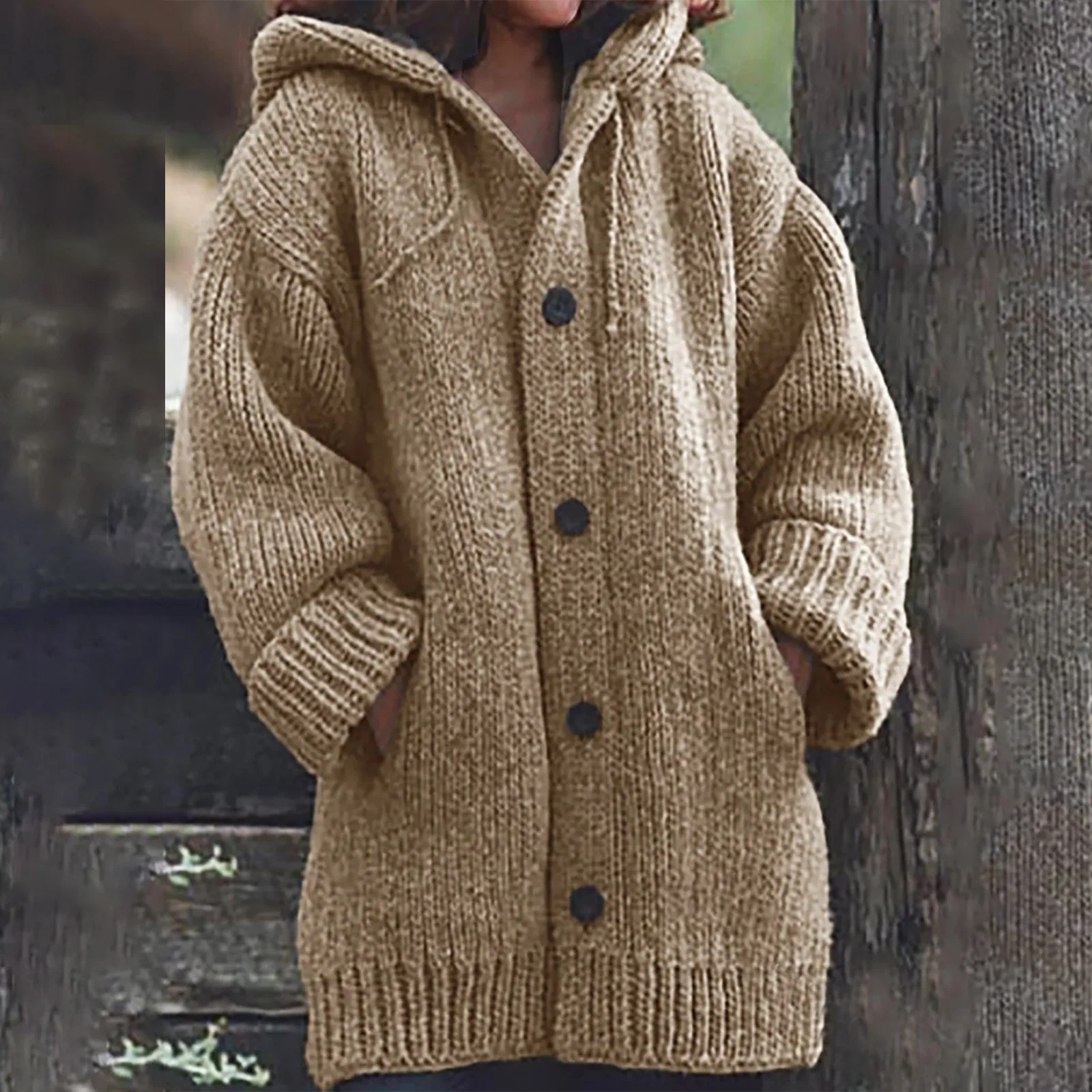 Solid color cardigan sweater for women plush and thick autumn and winter hooded and minimalist jacket Pocket Shawl for wome