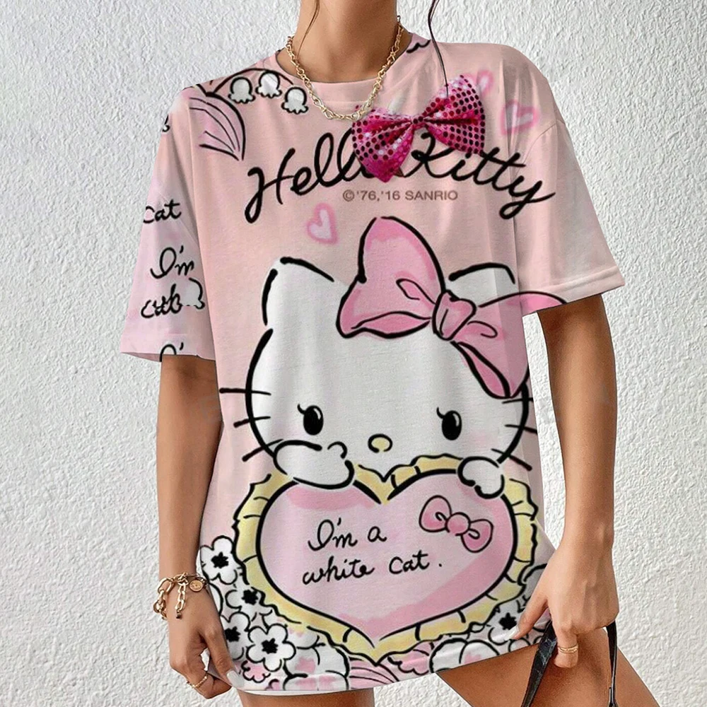 HelloKitty 50 Anniversary Print T Shirt Women Kawaii Sanrioed Harajuku Tops Black Short Sleeve Woman T-shirt Streetwear Clothing