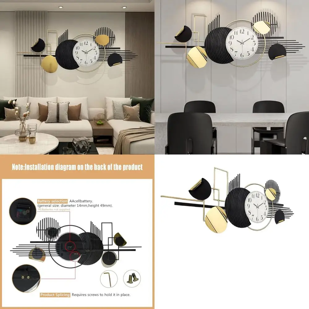 

Large 3D Geometric Wall Clock, 56x24 Abstract Art for Living Room, Modern Black & White Decor