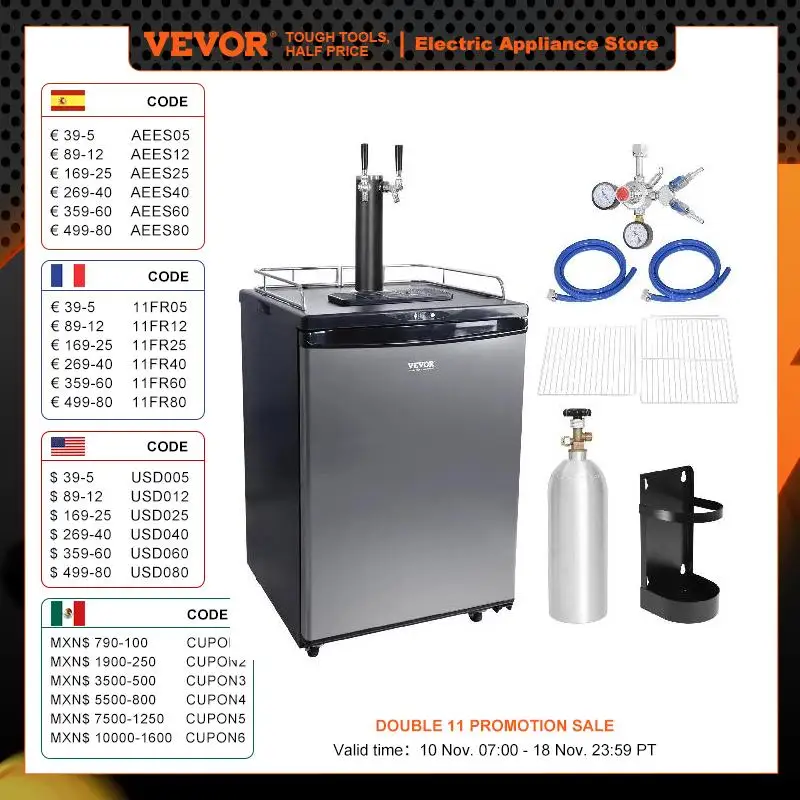 VEVOR 163L Electric Beer Kegerator Beer Cooling Portable Draft Beer Dispenser Pressurized Equipment Dual Tap for Commercial Home