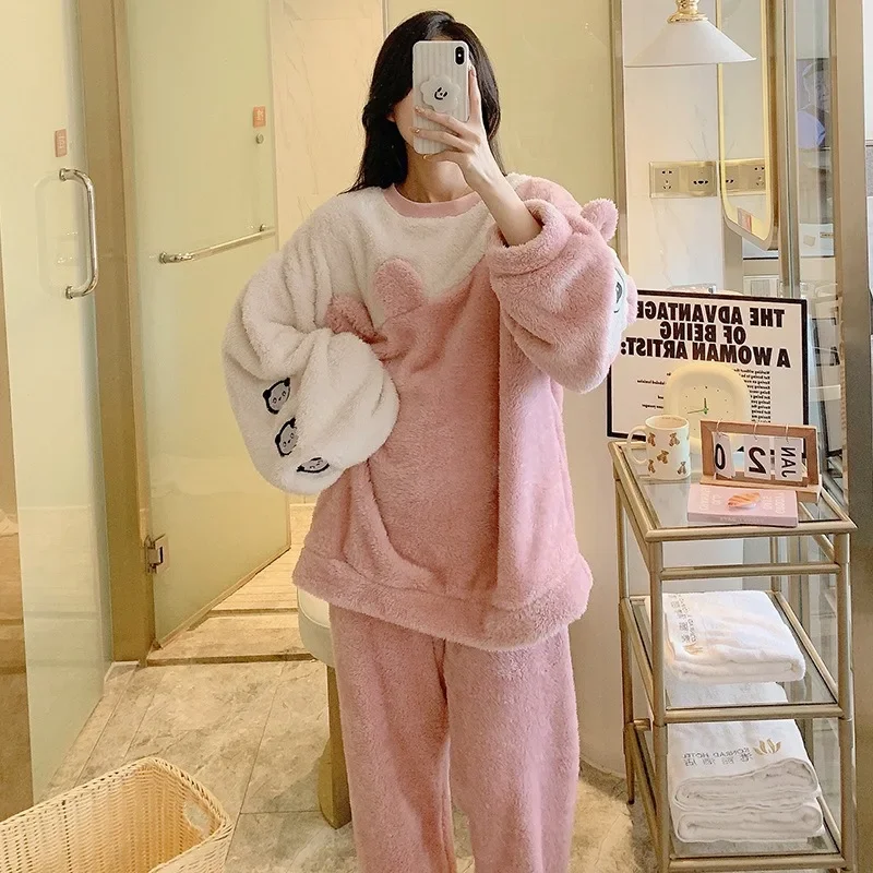 5XL Plus Size Thickened Pajamas Women Winter Warm Soft Flannel Sleepwear Coral Velvet Cute Cartoon Padded Nightwear Home Clothes