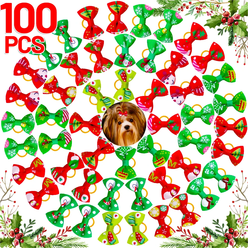 100/10pcs Colorful Small Dog Bows Christmas Puppy Hair Bows Decorate Rubber Bands Pet Headflower Supplier Dog Hair Accessories