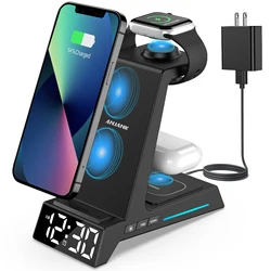 ANJANK Wireless Charging Station-4 in 1 Wireless Charger Alarm Clock,Charging Stand Dock for iPhone/AirPods/Apple Watch