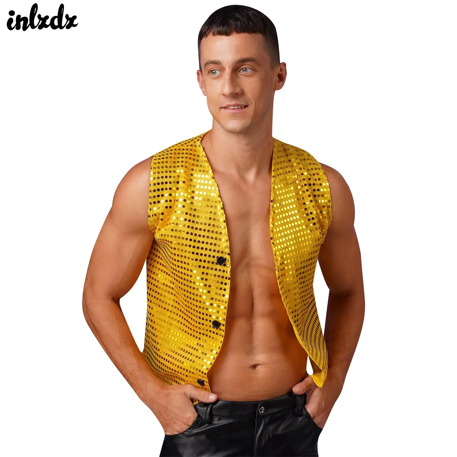 

Mens Sparkling Sequin Vest Hip Hop Street Jazz Dance Performance Costume Sleeveless V Neck Button-Up Sequins Solid Color Vest