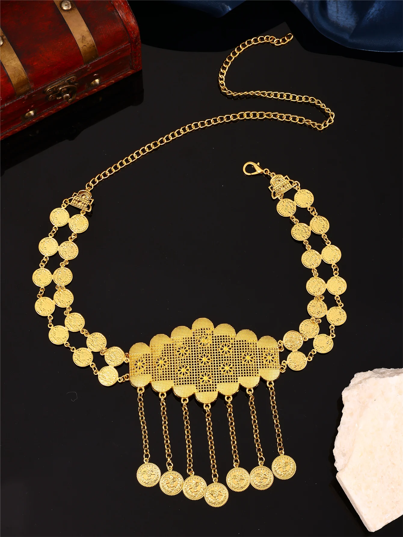 Moroccan Waist Chain Hollow Floral Coin Tassel Waist Belt Adjustable Ethnic Body Jewelry for Women Party Caftan Dress