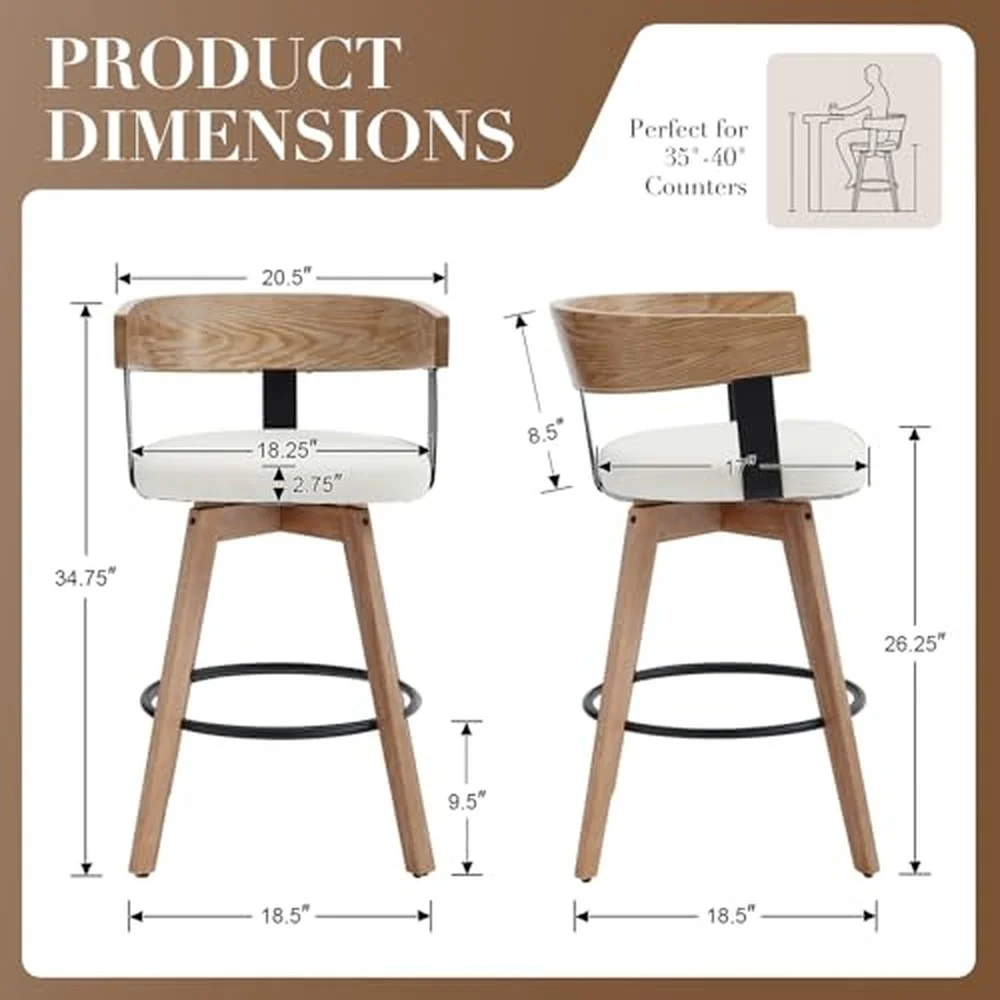 Mid Century Bar Stools Set of 3 26 Inch Swivel Counter Height Stools Linen Fabric Barstools with Barrel Backrest Wooden