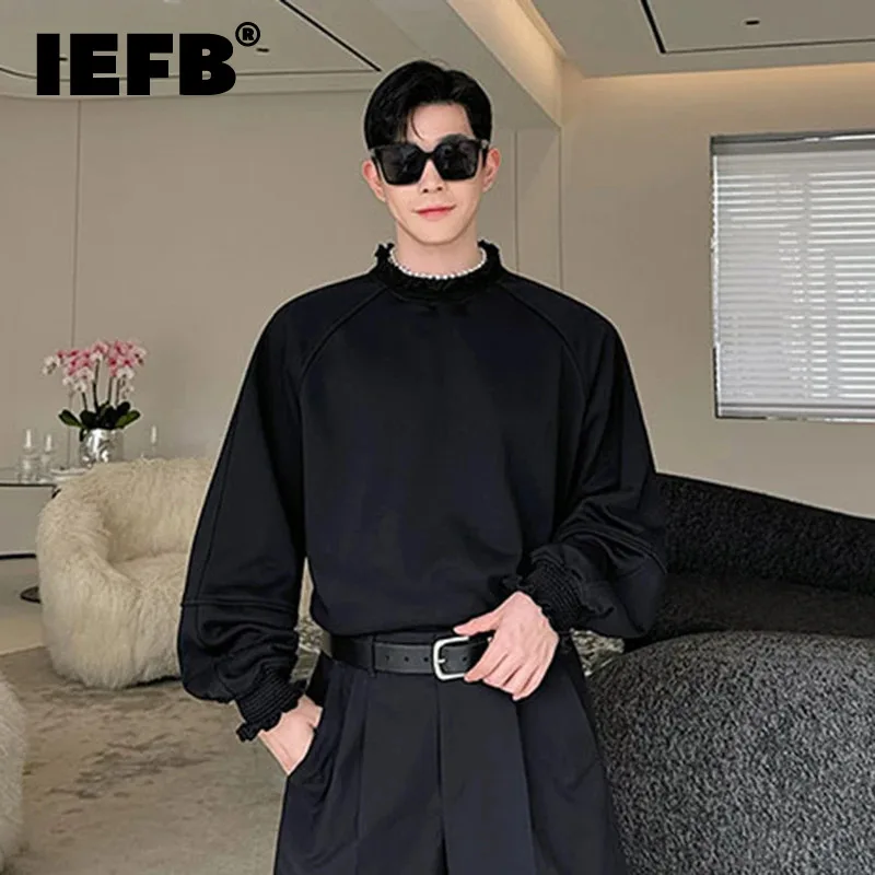 

IEFB Niche Design Men Sweatshirt Splicing Wooden Ear Edge Elastic Cuffs Versatile Long Sleeve Pullover Top Solid Color 9C5666