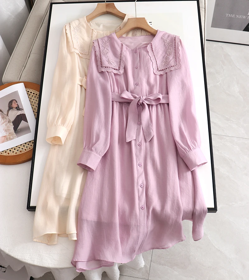 Primavera verão feminino manga puff peter pan collar bordado midi vestido elegante feminino único breasted faixas camisa vestido