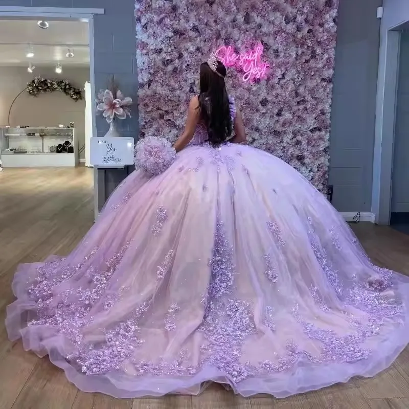 Vestido De fiesta personalizado, Vestidos De quinceañera con tirantes finos, tul Lila, vestido para fiesta De graduación, Vestidos De 15 Años, cumpleaños, dulce 15