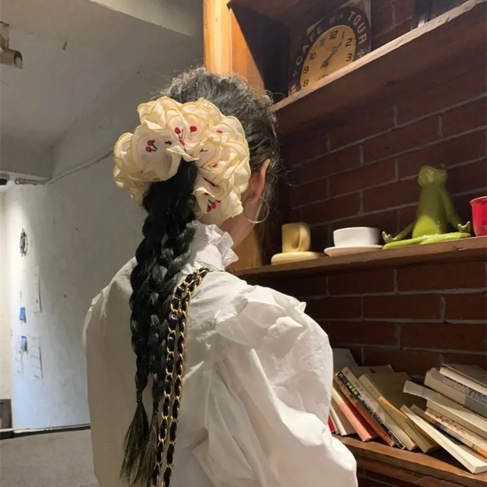 

Flower Shape Embroidery Cherry Lace Scrunchies Cloth Ballet Style Embroidered Large Hair Scrunchies Fruit Oversize