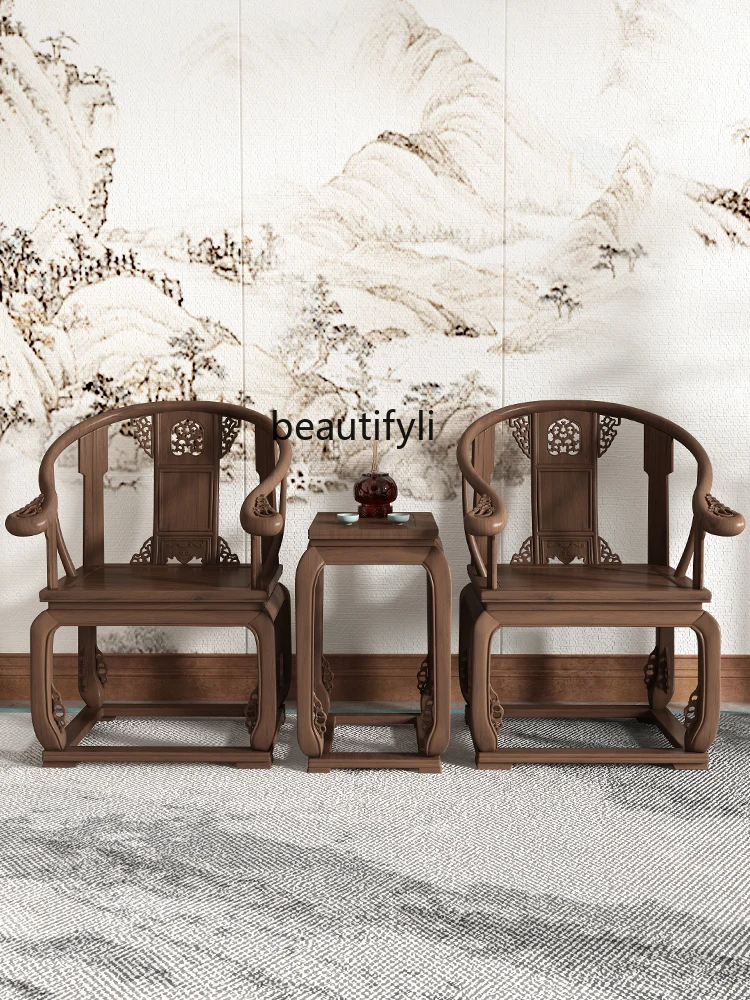 Chinese Solid Wood Chair Three-Piece Set round-Backed Armchair Home Reception Chair Furniture Elm Antique Carved Chair