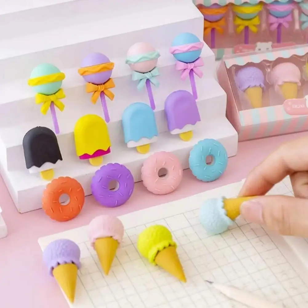 Pupil Interesting Erasers Soft Erasers 4 Pcs Cute Food Shape Erasers Set Cartoon Lollipop Ice Cream Doughnut Toys Safe No Odor
