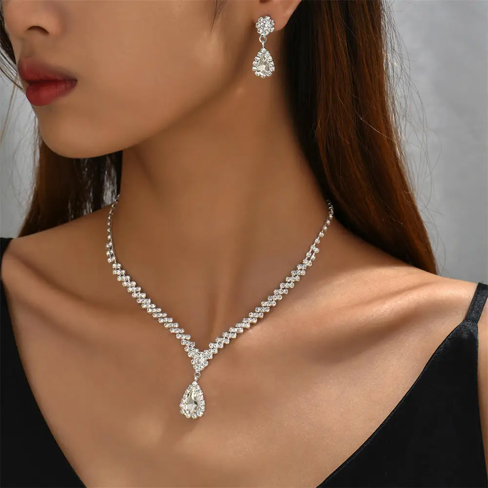 Women's Simple Water Drop Crystal Rhinestone Necklace Earrings Set
