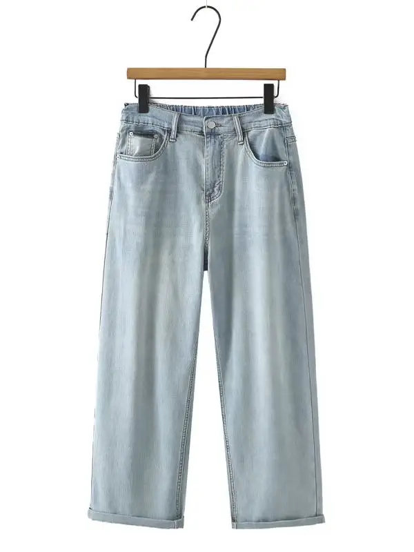 

plus Size Soft Washed Light Blue Denim Wide Leg Pants Women's Trendy Casual High Waist Jeans Spring Summer New Arrival
