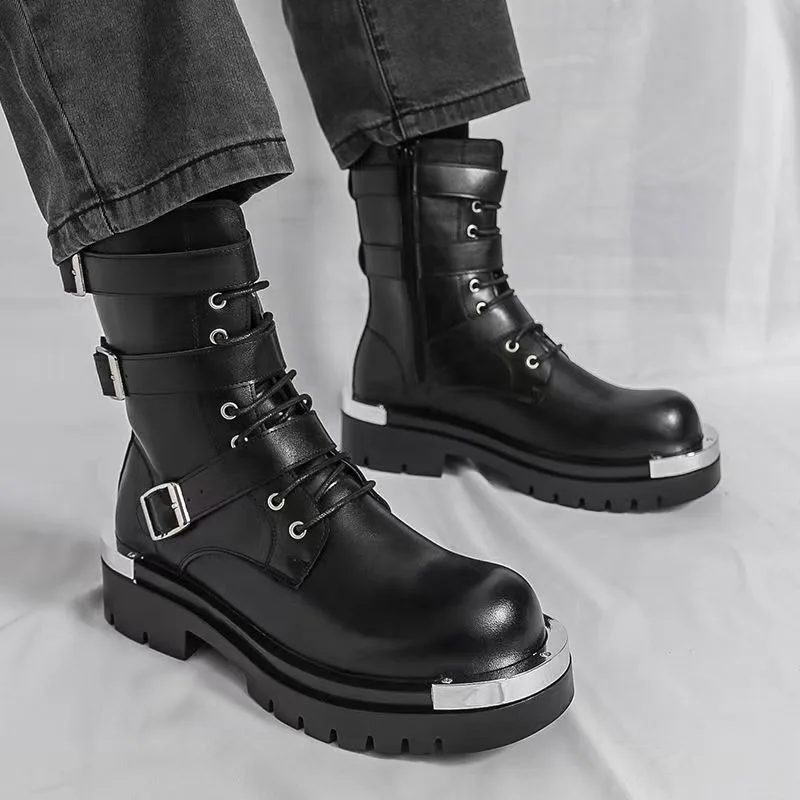

High Quality Men's Ankle Boots Teenager Leather Shoes Motorcycle Metal Buckle, Elegant and Fashionable Punk Rock Knight Boots