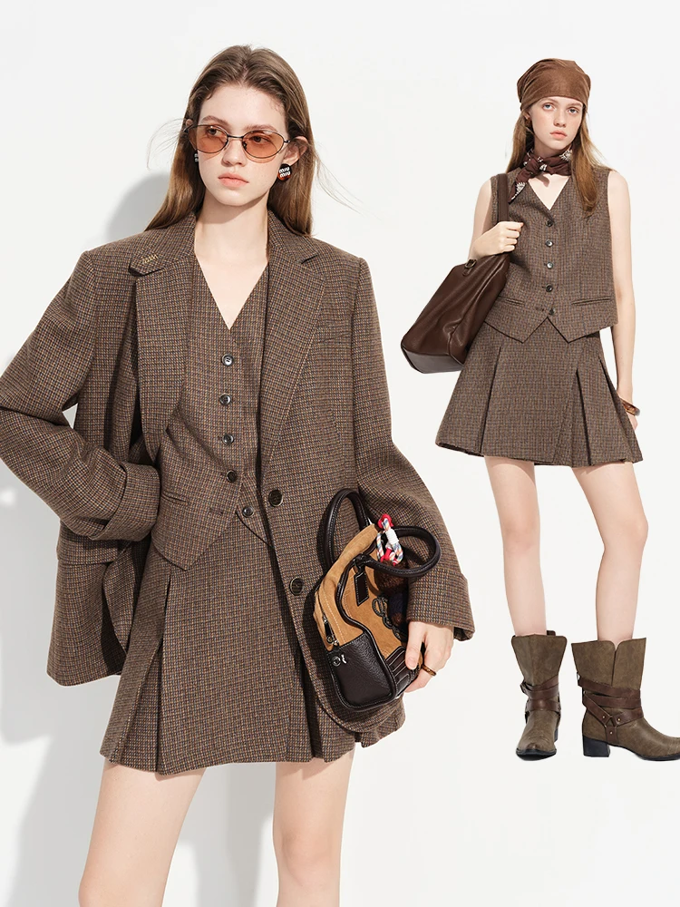 

Женский шерстяной костюм в клетку, кофейного цвета, комплект из двух предметов, весенняя модная верхняя одежда, винтажный стиль, с длинными рукавами