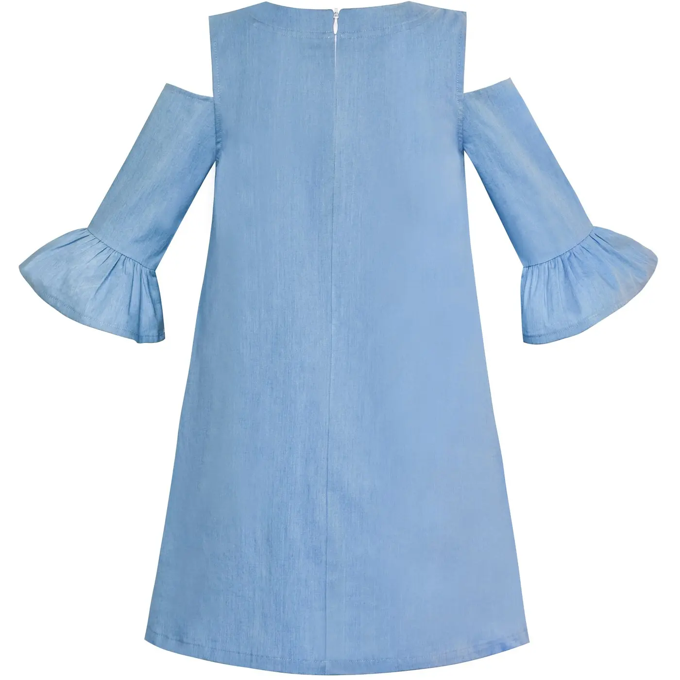 Girls Cold Shoulder Dress Denim Blue Cowboy 3/4 Sleeve