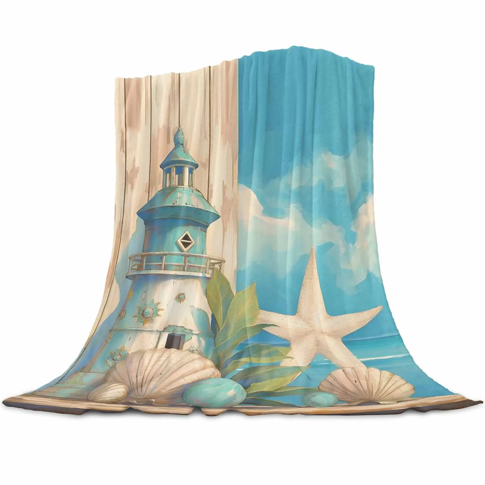 Summer Ocean Lighthouse Starfish Shell Throw Blanket for Sofa Warm Microfiber Flannel Blanket Bedroom Decor Blankets for Beds