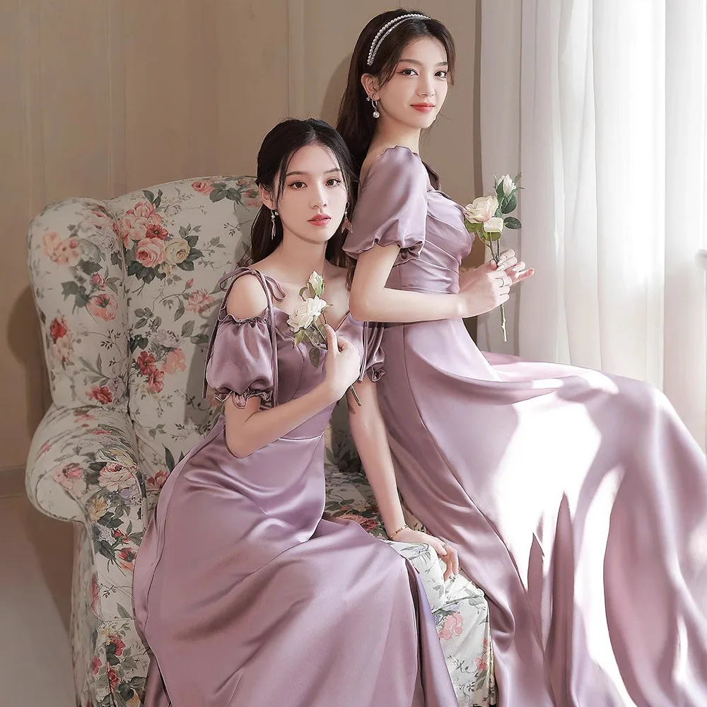 

Satin Bridesmaid Clothes Spring Sister Group Host Youth Evening Skirt Women Slim Niche High Sense Design Vestidos Festa Luxuosos
