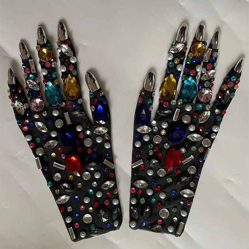 Sexy Luxurious Rhinestone Mesh Gloves Shining Crystal Short Gloves Stage Performance Show Accessories Nightclub Party Outfit