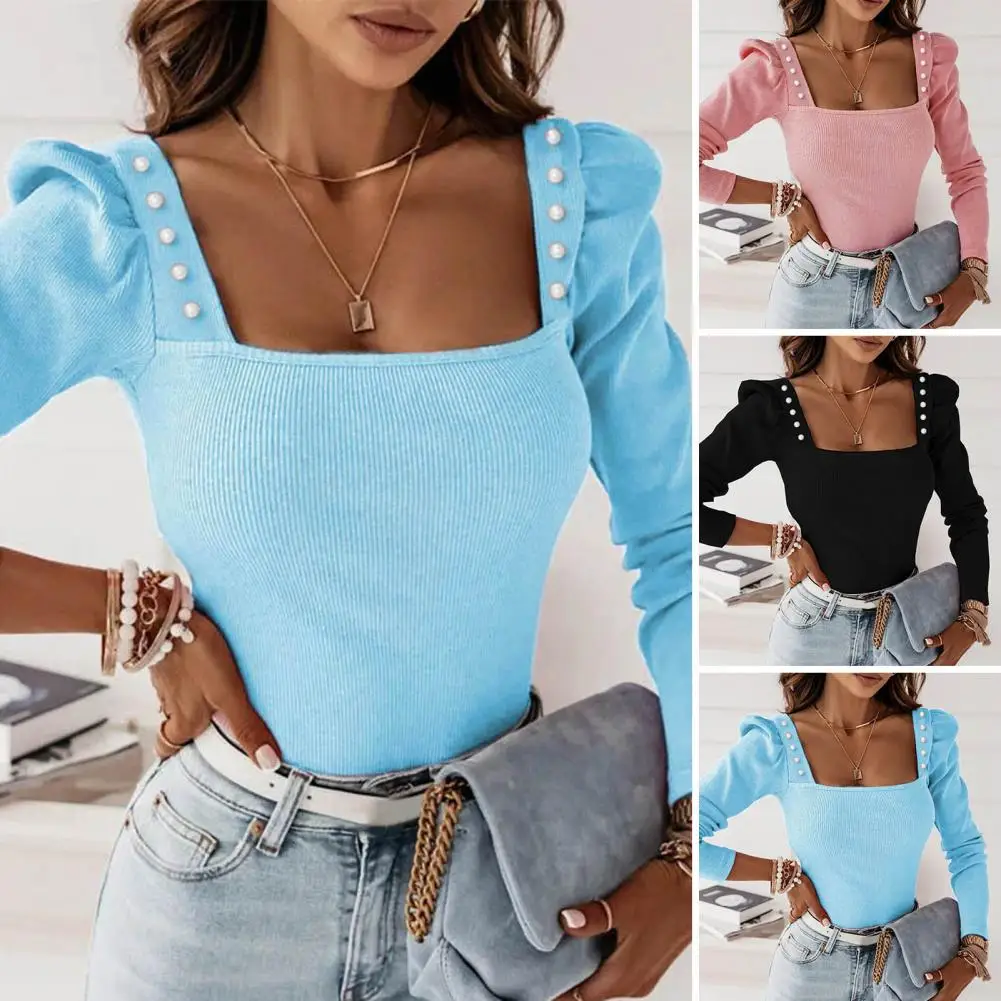 Stretchy Blouse Square Collar Knitted Tops with Faux Pearl Decor Women's Long Sleeve Pullovers for Winter Streetwear Casual Wear