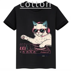 DJ Cat Printed Children's Clothing Summer Kid's Cotton Black T-shirt Casual Short-sleeved Tops for Boys and Girls Baby Tees