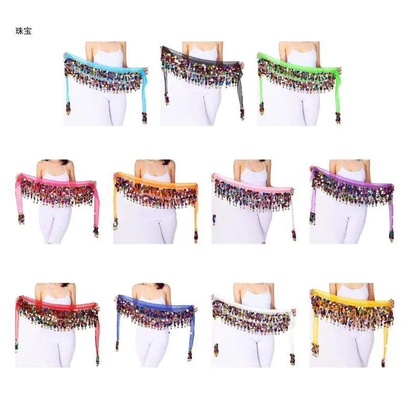 

X5QE Eye-catching Sequins Tassels Dance Waist Belt for Women Lady Training Flashy Hip Wrap with Fringes