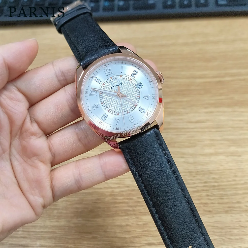 

Parnis 40mm Rose Gold Case White Dial Miyota 8215 Mechanical Automatic Men Watch Sapphire Glass Wristwatch