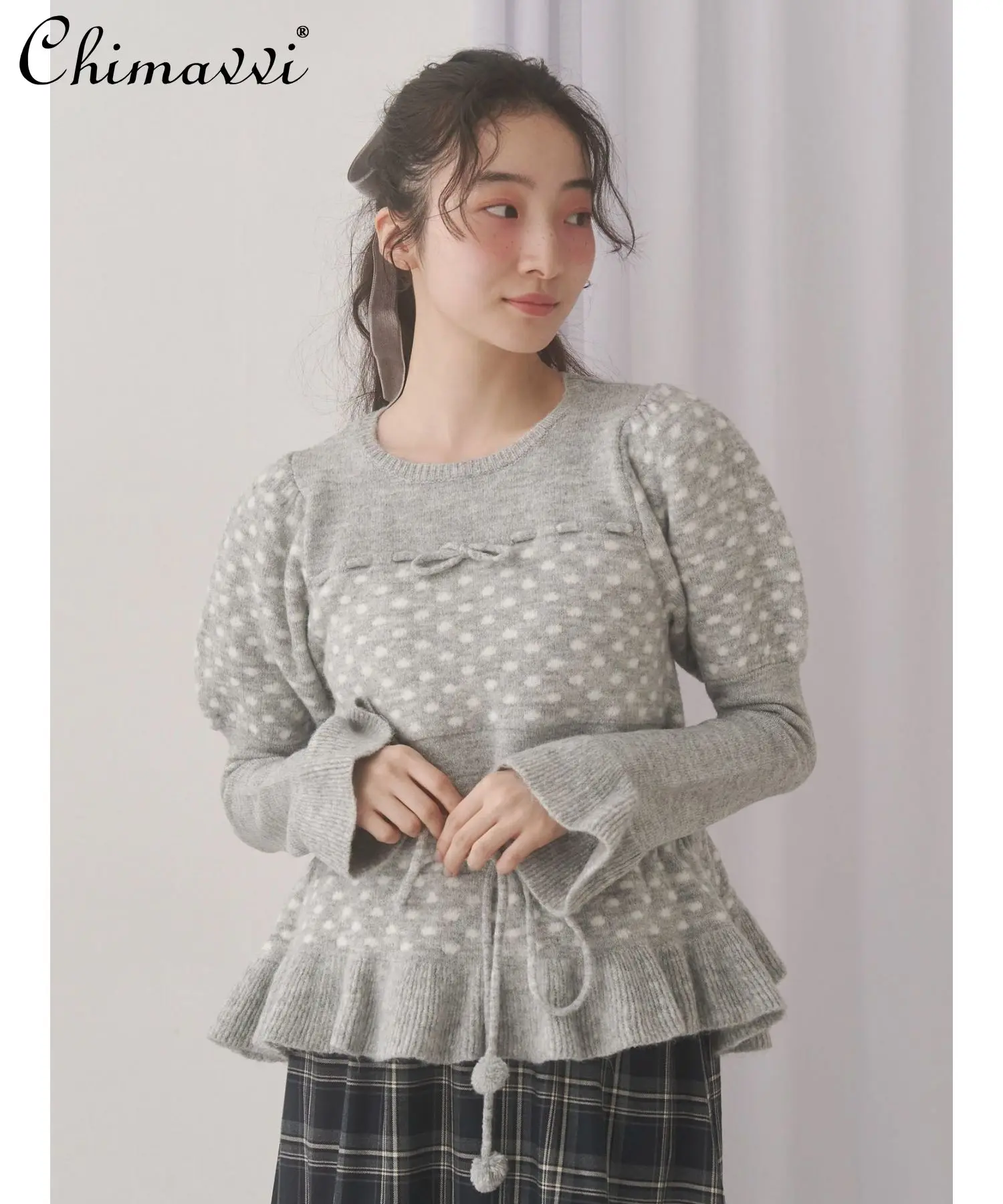 اليابانية الحلو كشكش الخصر البولكا نقطة سترة الخريف الشتاء موضة جديدة جولة الرقبة طويلة الأكمام سليم صالح البلوز محبوك #1